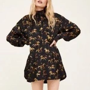 Ganni Horse Print Cotton Poplin Black Dress